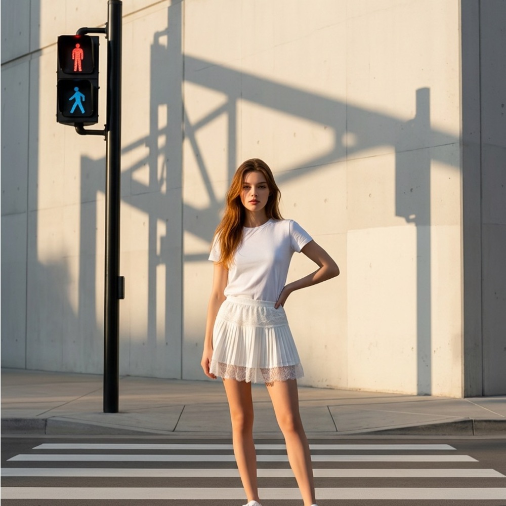 White Tee and Pleated Lace Mini Skirt Set
